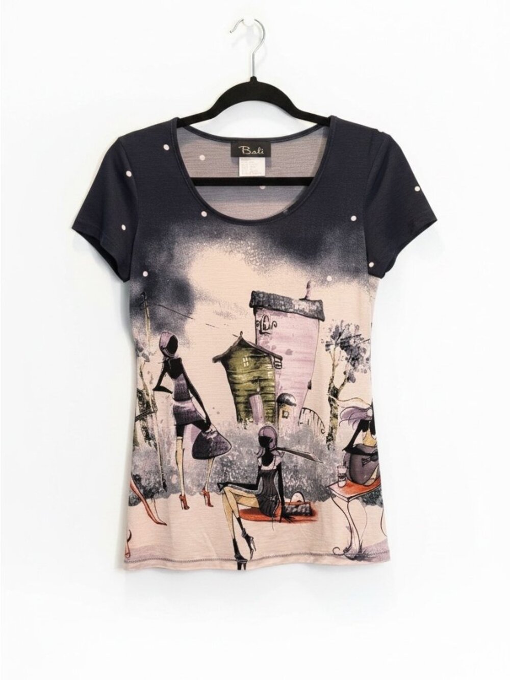 Bali Black & Gray Parisian Fashion Graphic Tunic Top – Size XS
